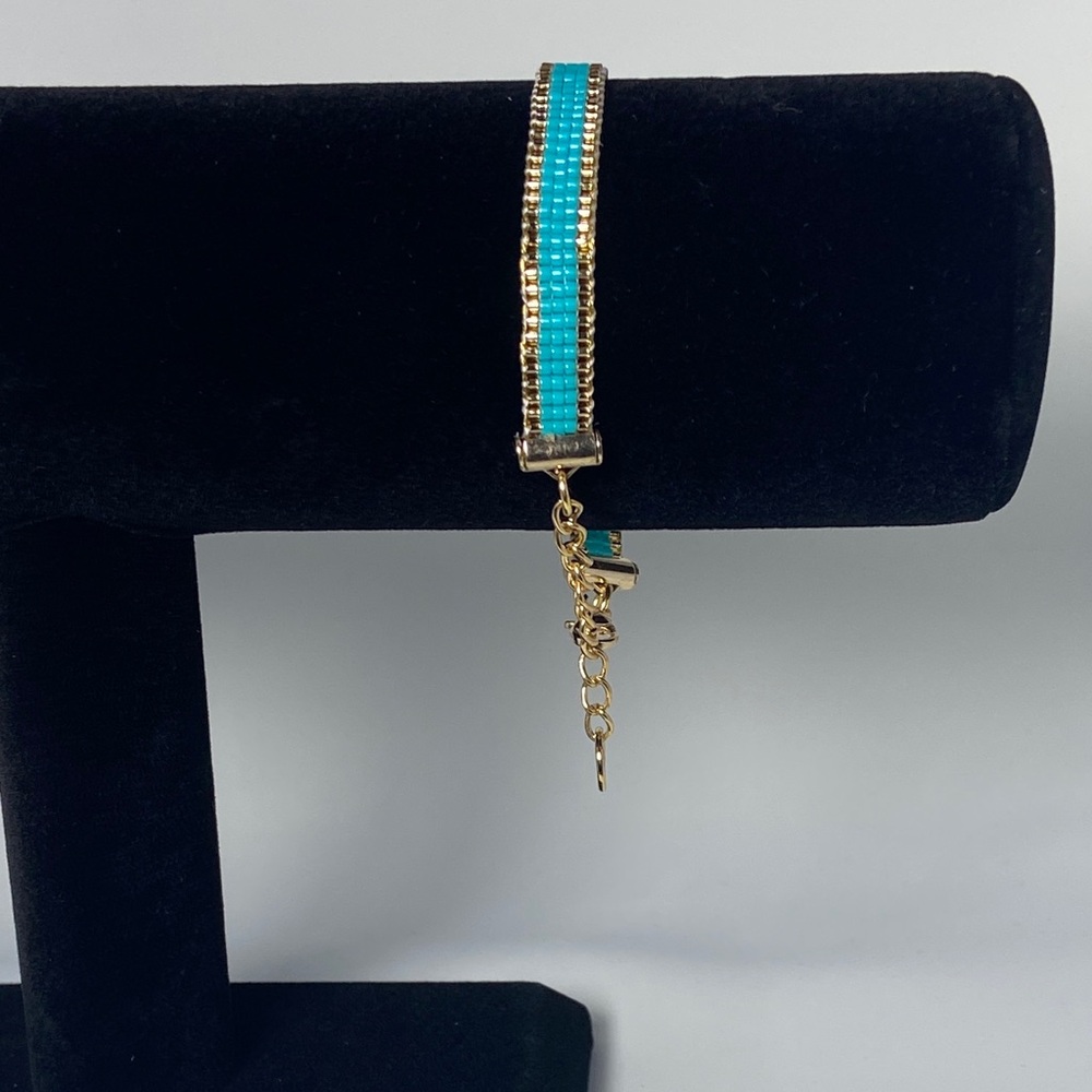 Teal and Gold  loom-beaded bracelet Miyuki Delica seed beads - Picture 3 of 9